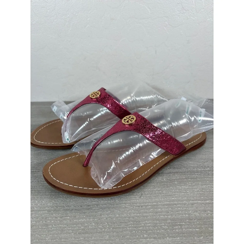 Tory Burch Cameron Metallic Pink Crackle Leather Thong Logo Sandals Womens 9.5M